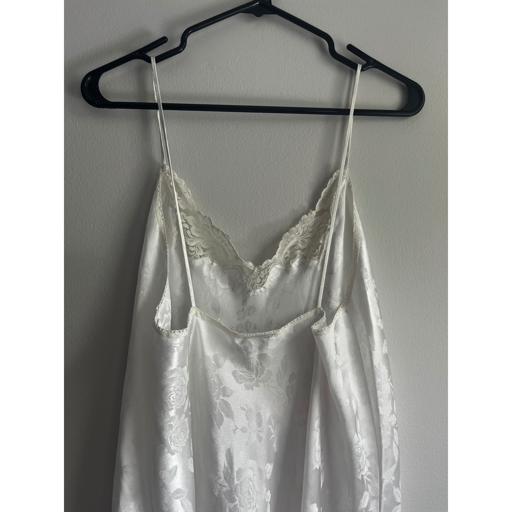Linda Bis White Satin Floral Rose Jacquard Lace Trim Maxi Nightgown Slip Dress - Picture 4 of 8